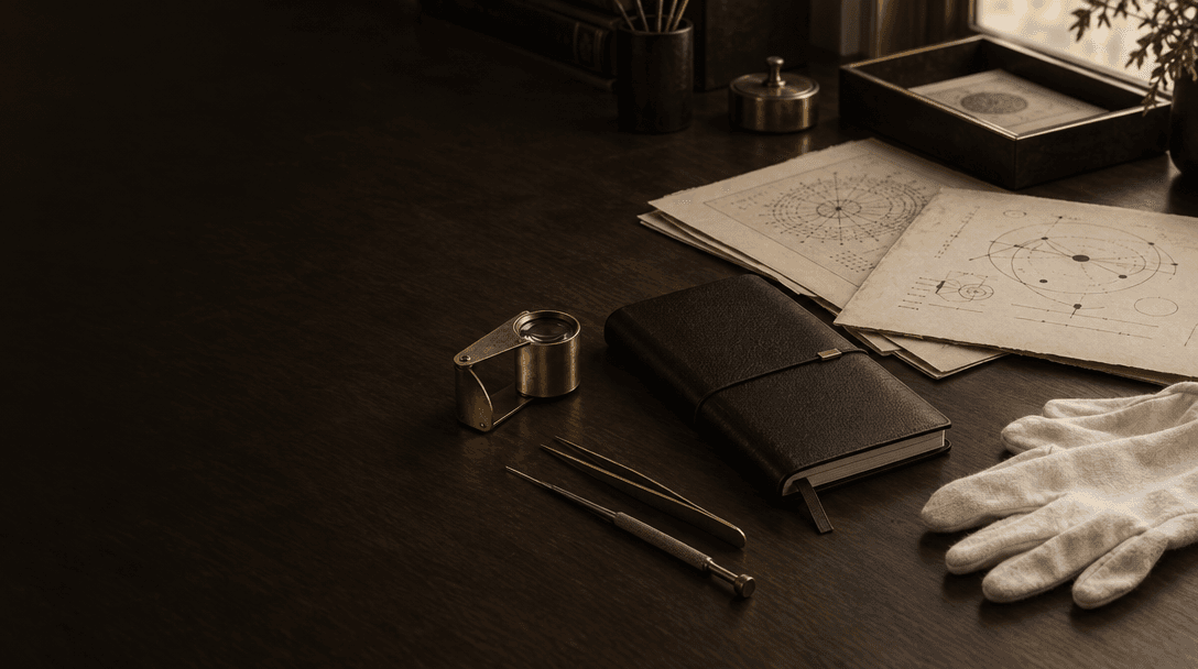A loupe, inspection gloves, and horology papers arranged on a walnut desk.
